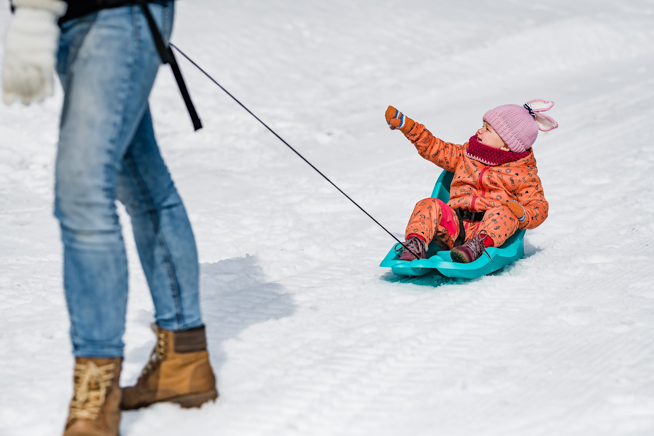 Kinderschlitten mit Sicherheitsgurt und Zugseil – Grün
