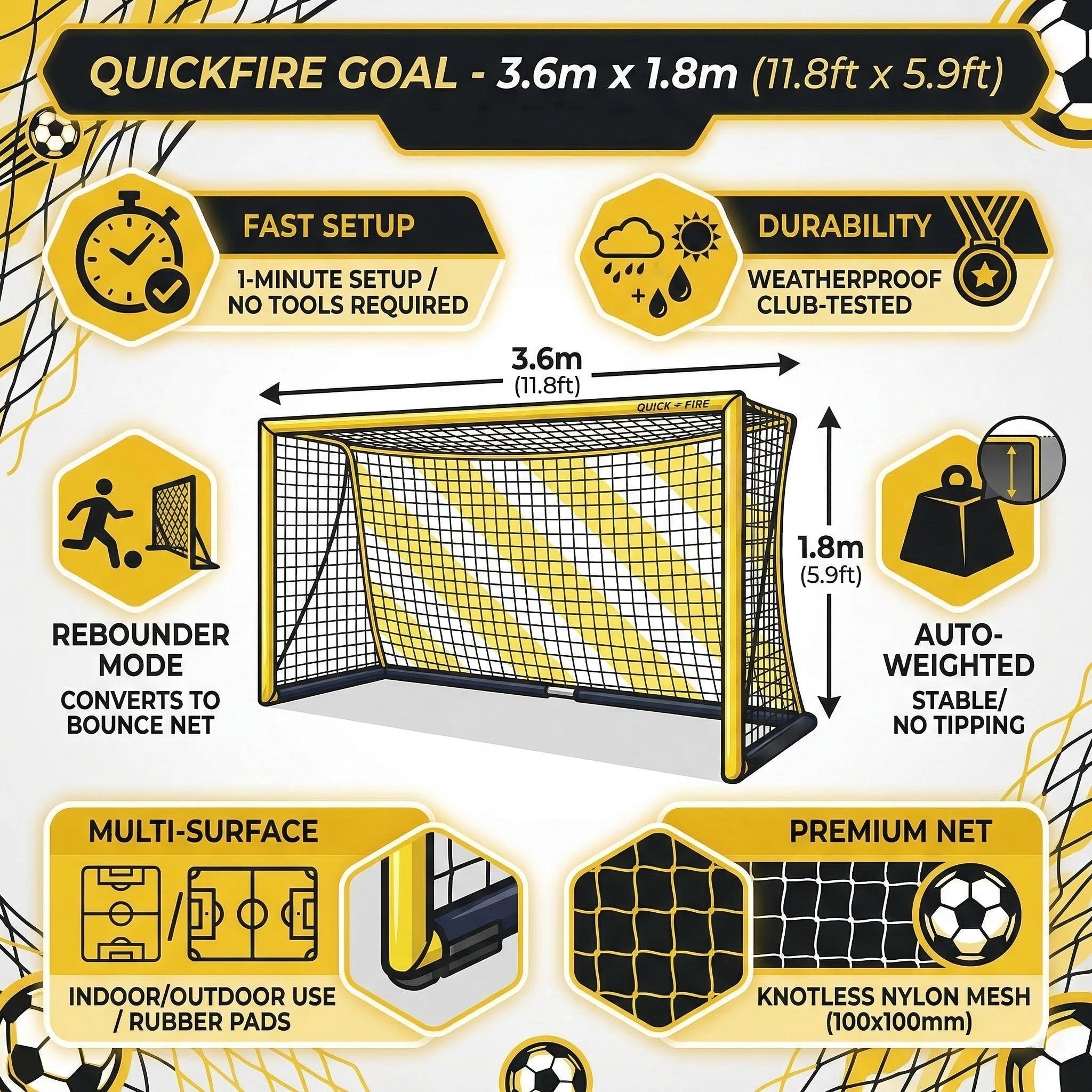 Quickfire Fußballtor -3,6 x 1,8m- Selbstgewogen