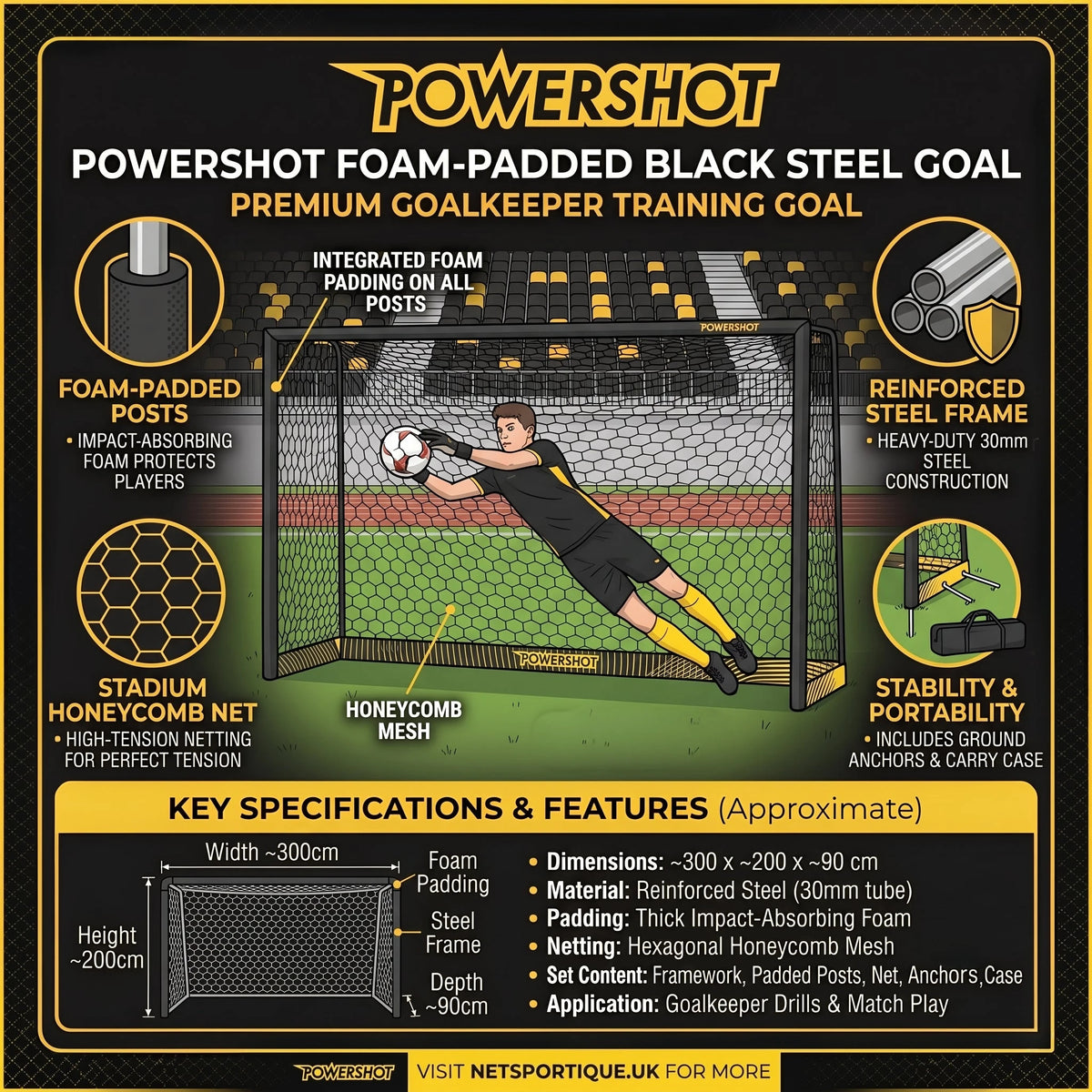 Zwart stalen voetbaldoel - 3m x 2m