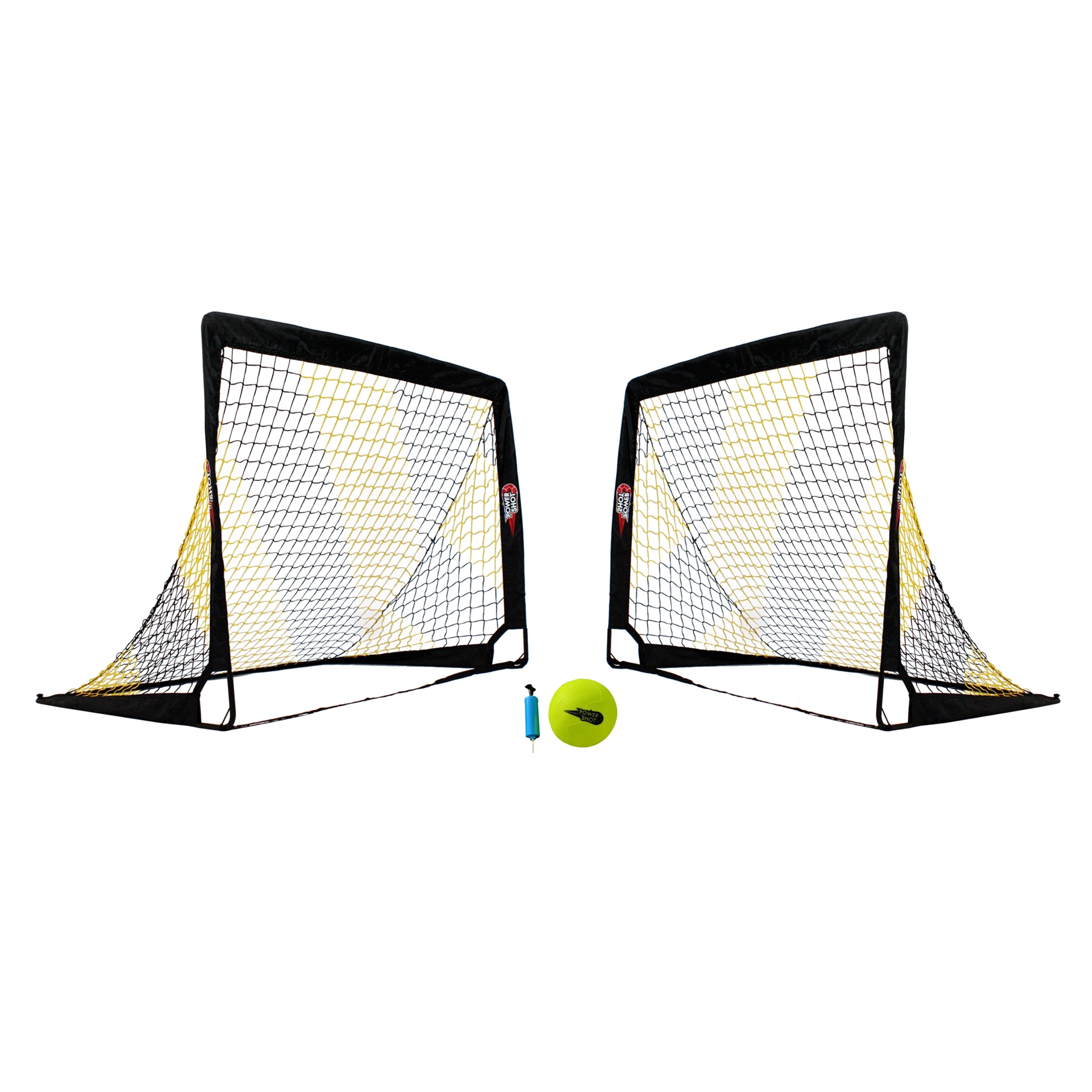 Two football goals with a ball and pump on a white background