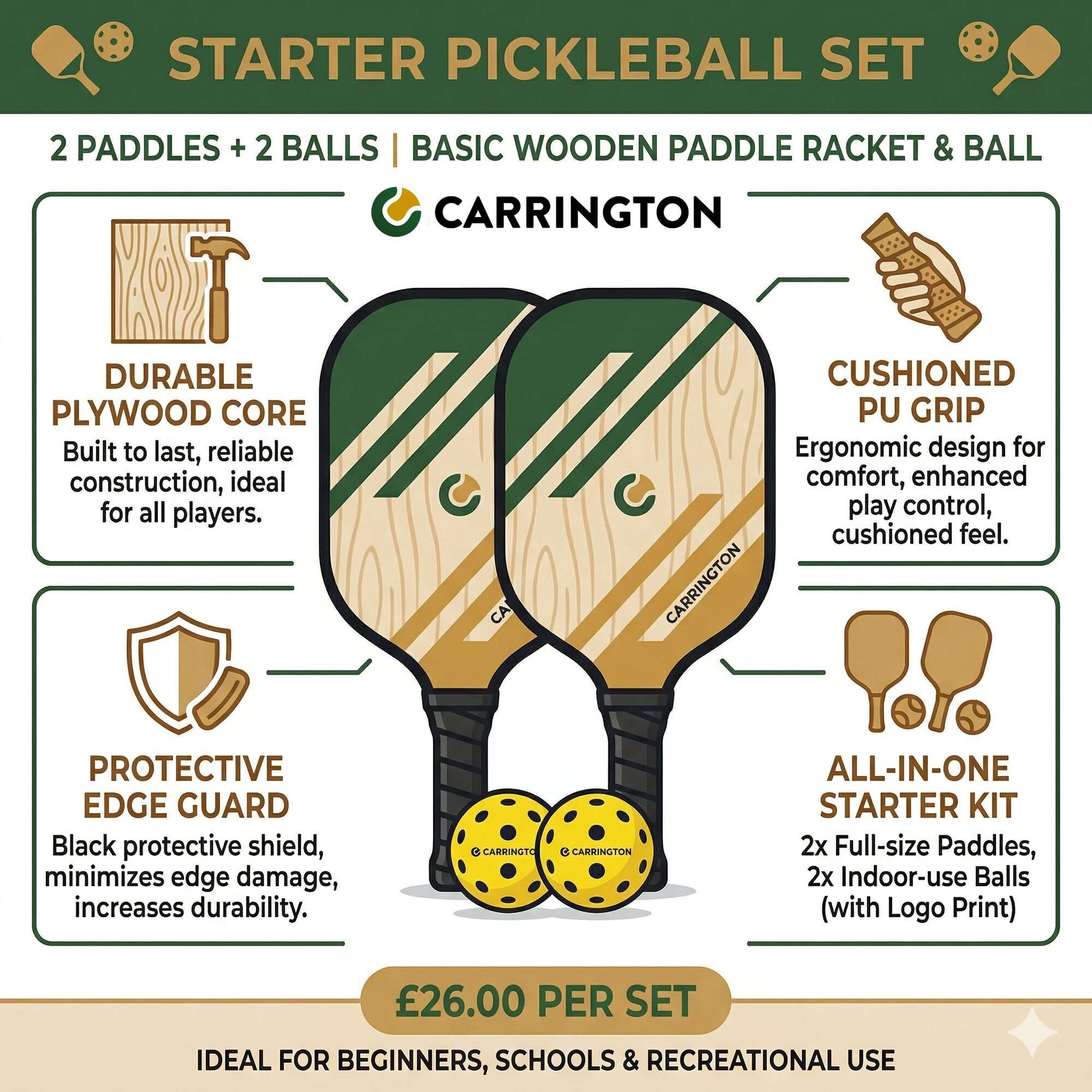 Image du produit : Pickleball - Schläger und Ball aus Holz (Satz von 2)